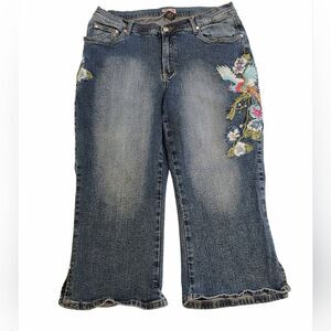 Embroidered Blue Denim Stretch Capri Pants Jeans Sz 14 Y2K
